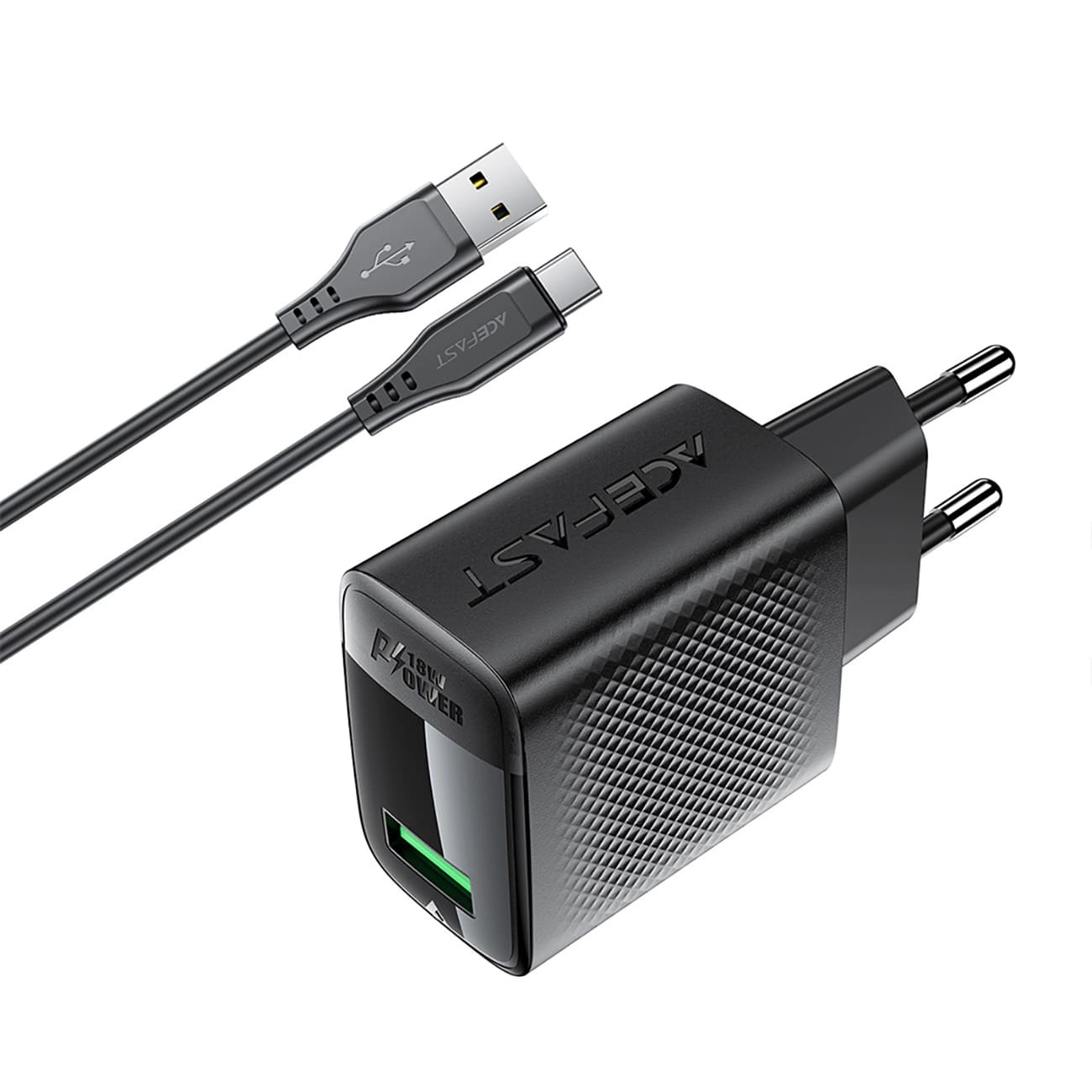 Verkkolaturi USB-C-kaapelilla Acefast A90, 18W, 3A, 1 x USB-A, Musta