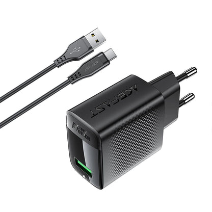 Verkkolaturi USB-C-kaapelilla Acefast A90, 18W, 3A, 1 x USB-A, Musta
