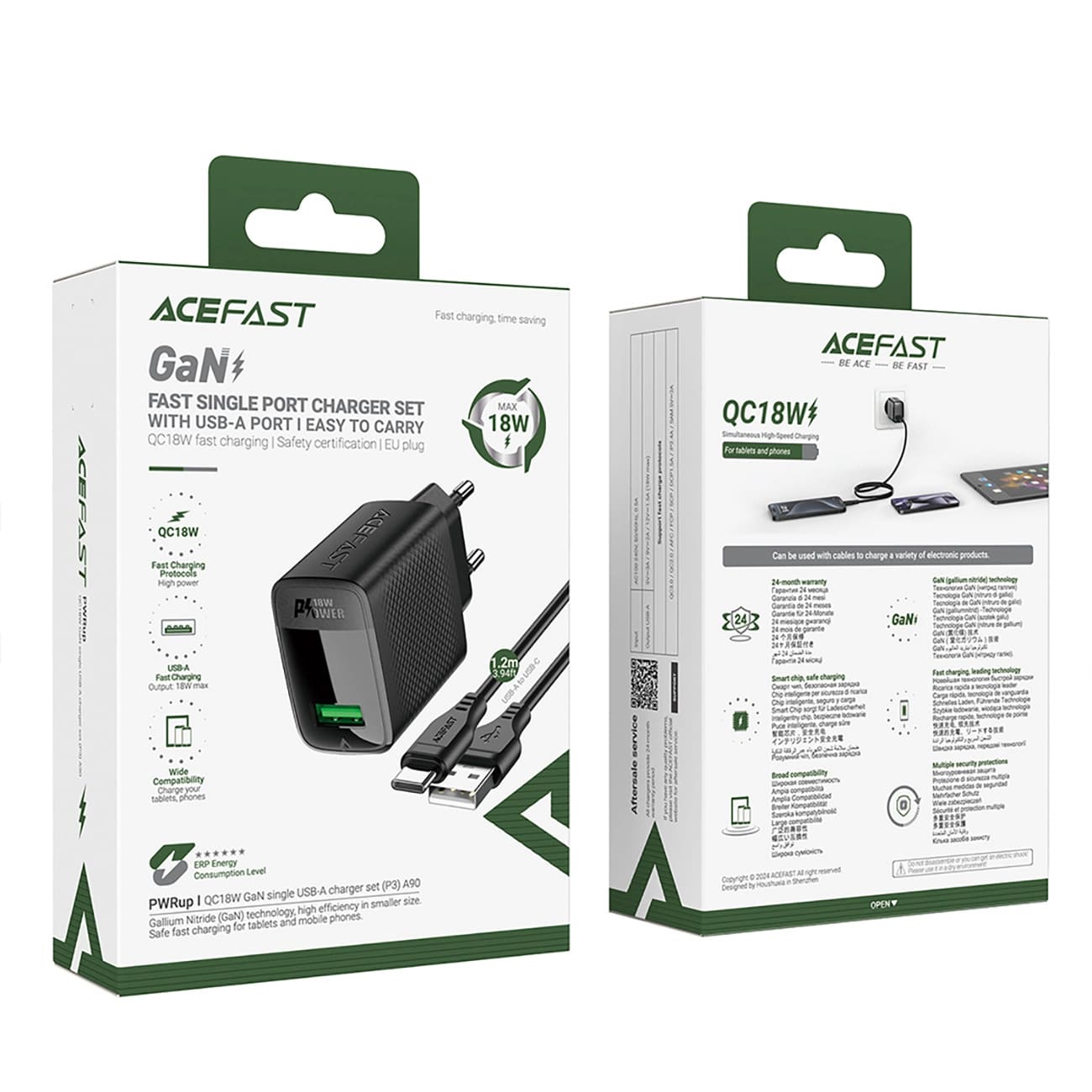 Verkkolaturi USB-C-kaapelilla Acefast A90, 18W, 3A, 1 x USB-A, Musta