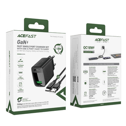 Verkkolaturi USB-C-kaapelilla Acefast A90, 18W, 3A, 1 x USB-A, Musta