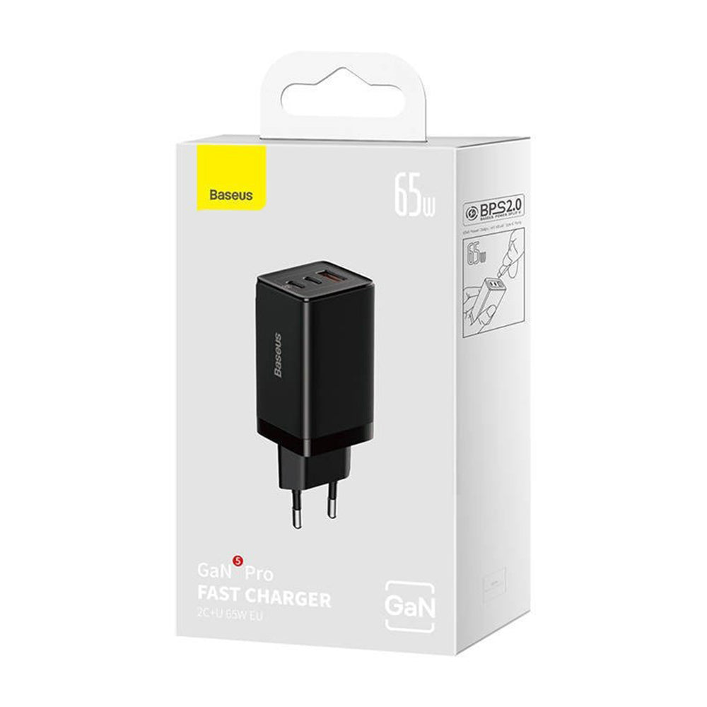 Baseus GaN5 Pro Network Charger with USB-C Cable, 65W, 3.25A, 1 x USB-A - 2 x USB-C, Black C0206500
