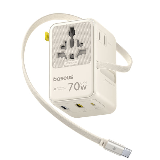 Verkkolaturi USB-C-kaapelilla Baseus Travel EnerCore CG11, 70W, 2 x Pistorasia - 1 x USB-C - 2 x USB-A, Valkoinen E0307E01