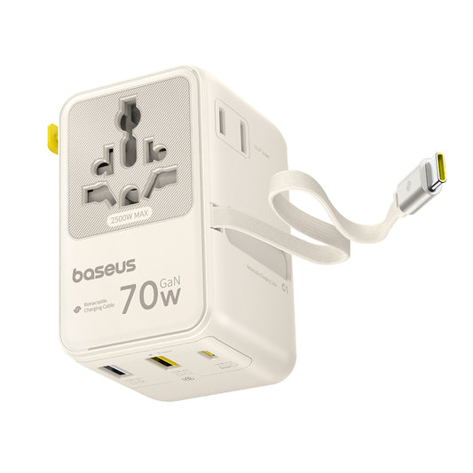 Verkkolaturi USB-C-kaapelilla Baseus Travel EnerCore CG11, 70W, 2 x Pistorasia - 1 x USB-C - 2 x USB-A, Valkoinen E0307E01
