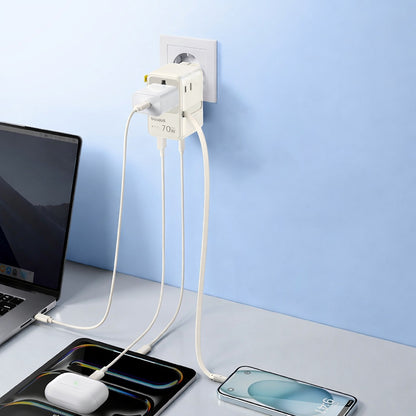 Baseus Travel EnerCore CG11 USB-C Cable Wall Charger, 70W, 2 x Socket - 1 x USB-C - 2 x USB-A, White E0307E01
