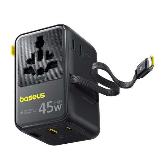 Verkkolaturi USB-C-kaapelilla Baseus Travel PicoGo AG11, 45W, 2 x Pistorasia - 1 x USB-C - 2 x USB-A, Musta E0307F00
