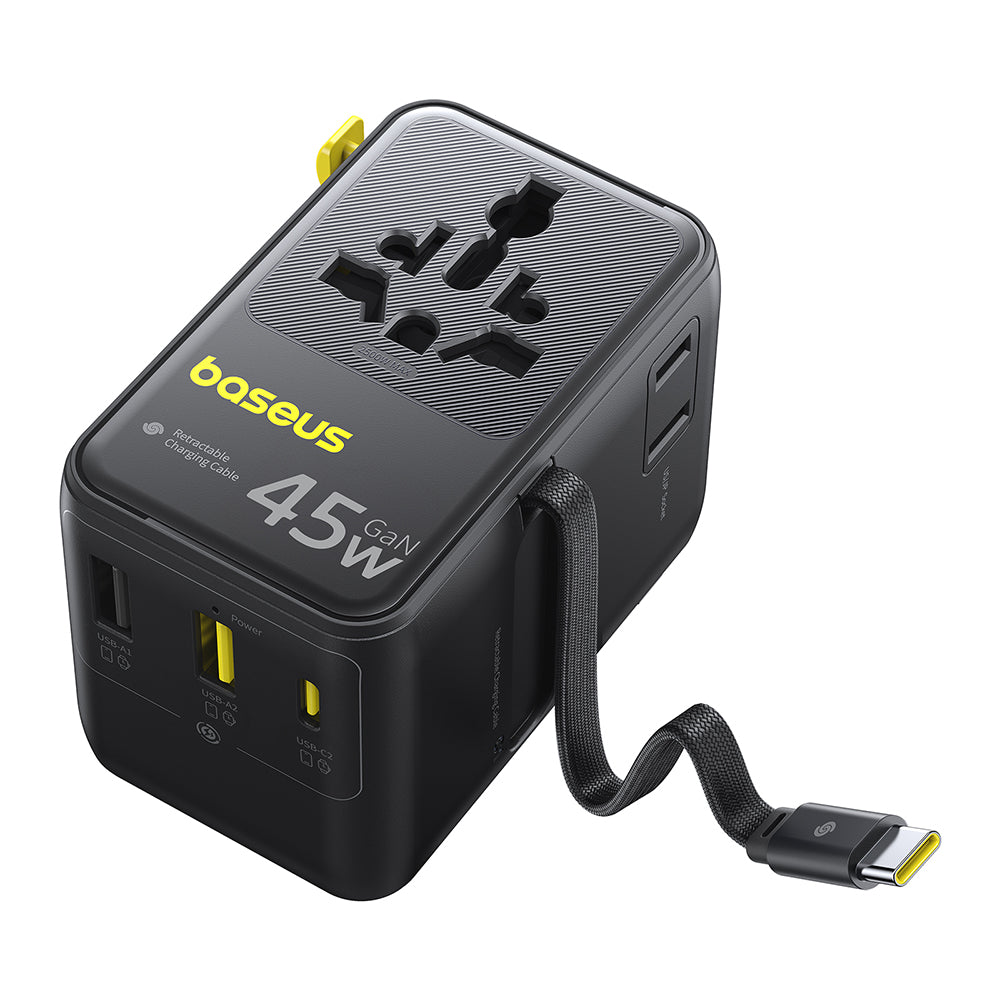 Verkkolaturi USB-C-kaapelilla Baseus Travel PicoGo AG11, 45W, 2 x Pistorasia - 1 x USB-C - 2 x USB-A, Musta E0307F00