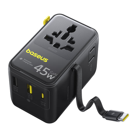 Verkkolaturi USB-C-kaapelilla Baseus Travel PicoGo AG11, 45W, 2 x Pistorasia - 1 x USB-C - 2 x USB-A, Musta E0307F00