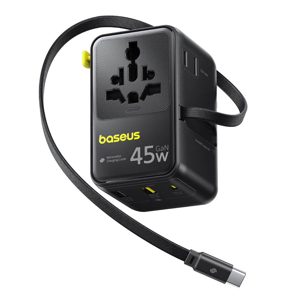 Verkkolaturi USB-C-kaapelilla Baseus Travel PicoGo AG11, 45W, 2 x Pistorasia - 1 x USB-C - 2 x USB-A, Musta E0307F00