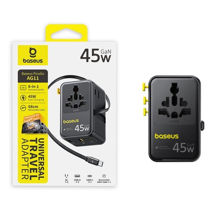 Verkkolaturi USB-C-kaapelilla Baseus Travel PicoGo AG11, 45W, 2 x Pistorasia - 1 x USB-C - 2 x USB-A, Musta E0307F00