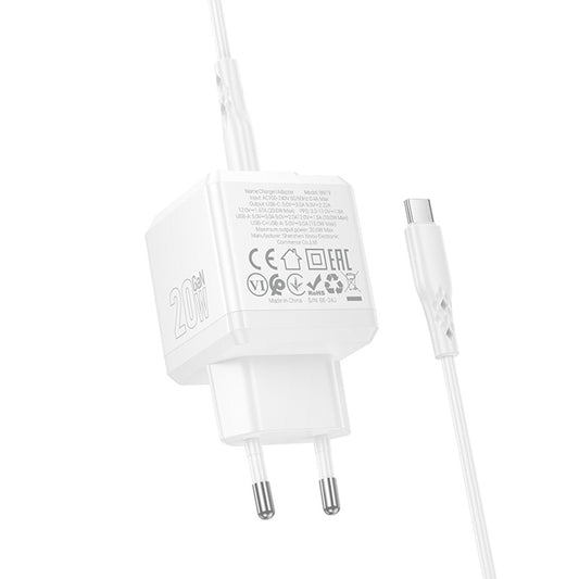 Verkkolaturi USB-C-kaapelilla Borofone BN19 Intenso, 20W, 3A, 1 x USB-A - 1 x USB-C, Valkoinen