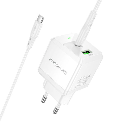 Verkkolaturi USB-C-kaapelilla Borofone BN19 Intenso, 20W, 3A, 1 x USB-A - 1 x USB-C, Valkoinen
