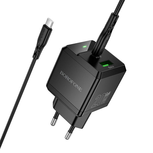 Verkkolaturi USB-C-kaapelilla Borofone BN19 Intenso, 20W, 3A, 1 x USB-A - 1 x USB-C, Musta