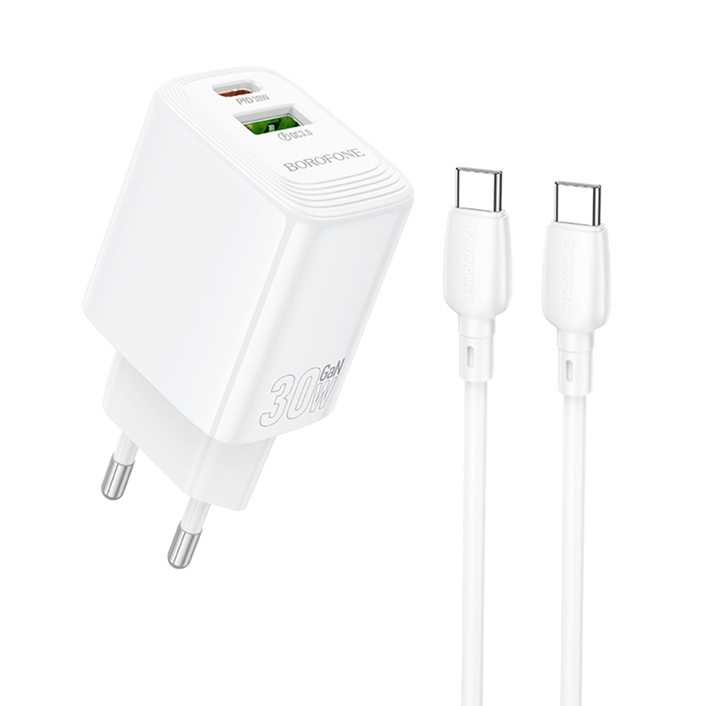 Verkkolaturi USB-C-kaapelilla Borofone BN29 Fuente, 30W, 3A, 1 x USB-A - 1 x USB-C, Valkoinen