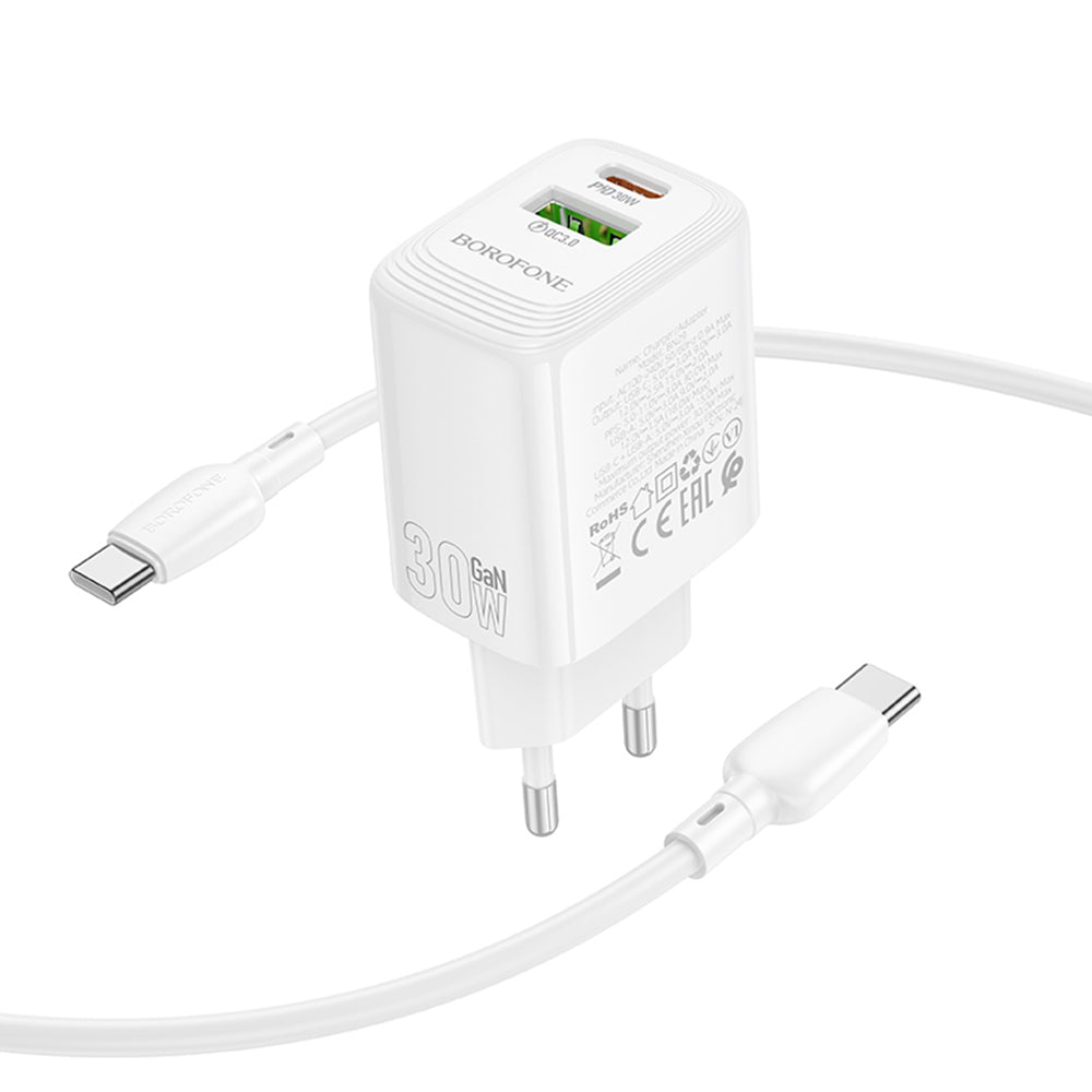 Verkkolaturi USB-C-kaapelilla Borofone BN29 Fuente, 30W, 3A, 1 x USB-A - 1 x USB-C, Valkoinen