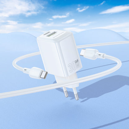 Verkkolaturi USB-C-kaapelilla Borofone BN29 Fuente, 30W, 3A, 1 x USB-A - 1 x USB-C, Valkoinen