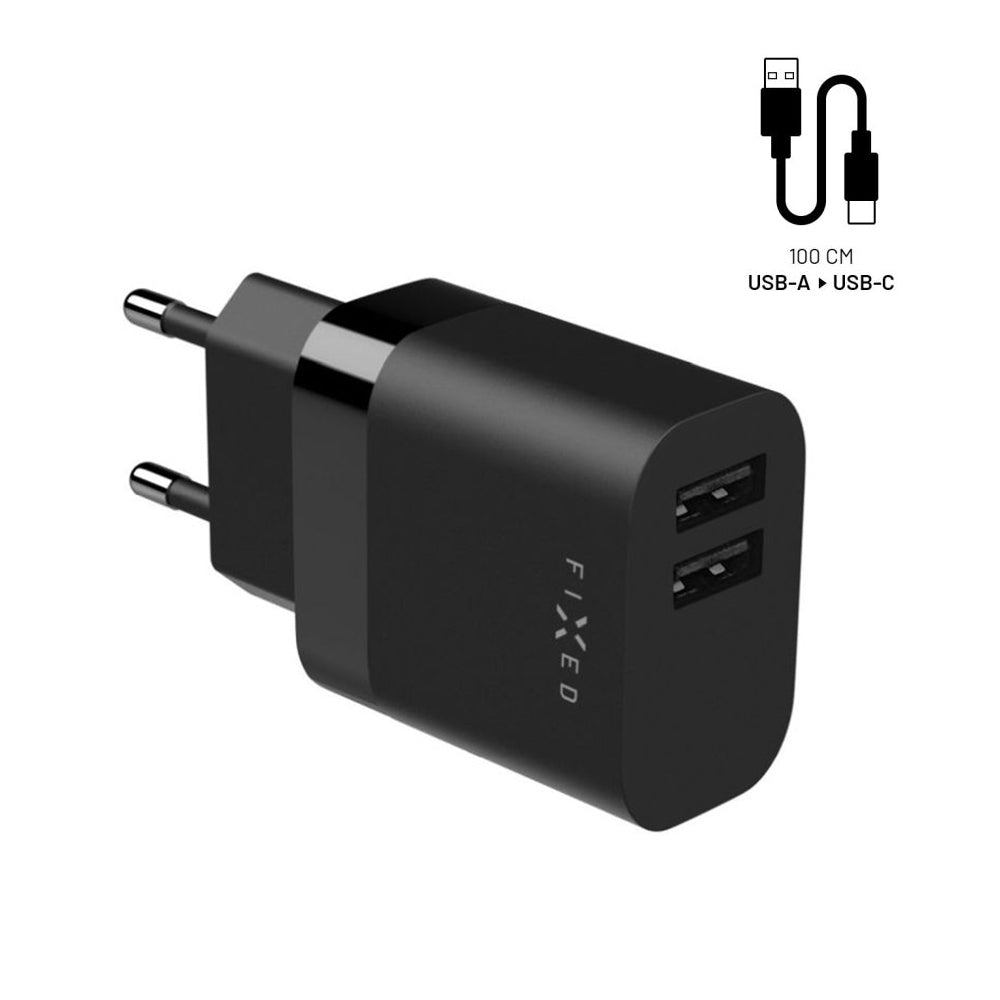 Verkkolaturi USB-C-kaapelilla Fixed, 17W, 3A, 2 x USB-A, Musta