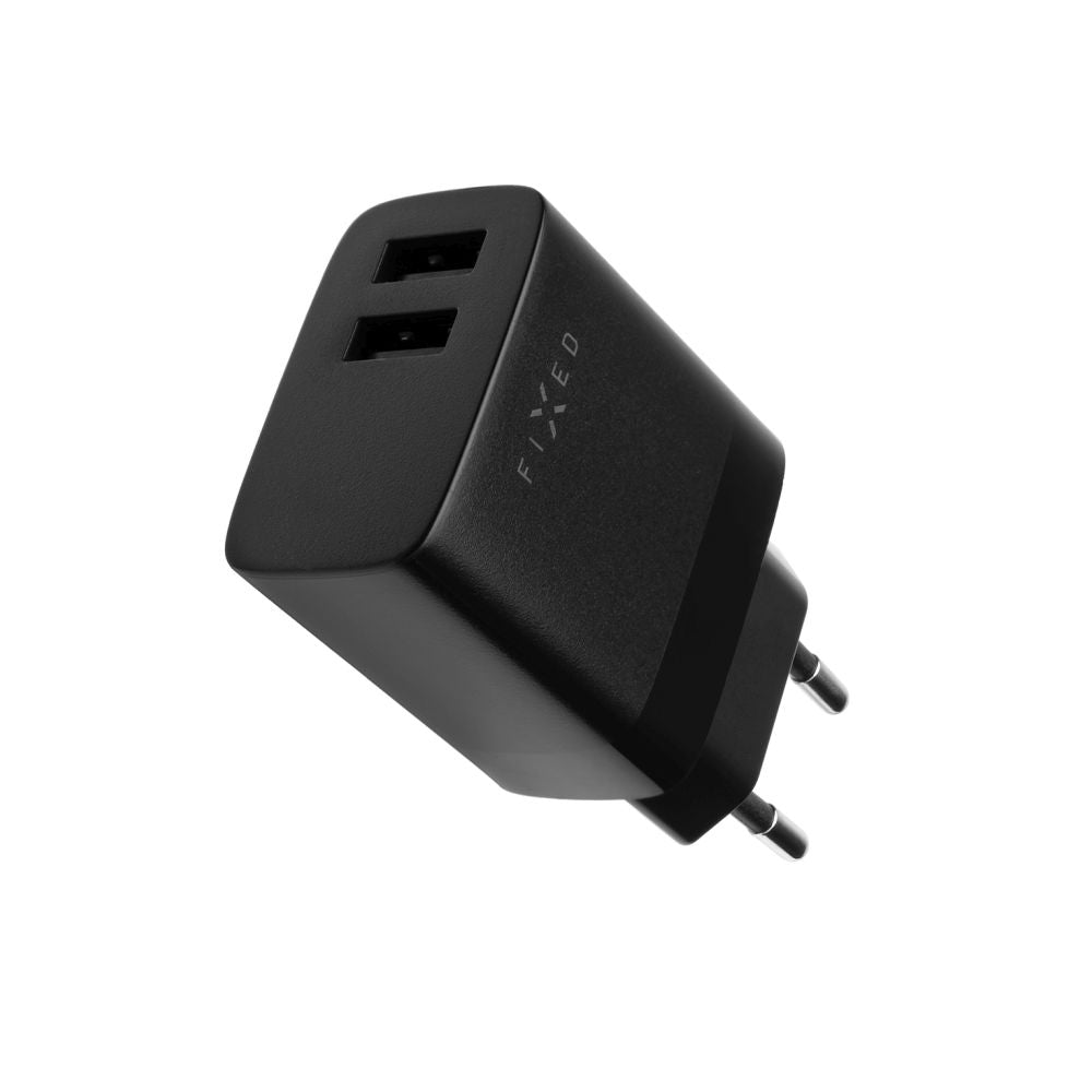 Verkkolaturi USB-C-kaapelilla Fixed, 17W, 3A, 2 x USB-A, Musta