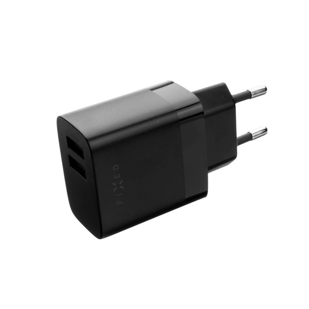 Verkkolaturi USB-C-kaapelilla Fixed, 17W, 3A, 2 x USB-A, Musta