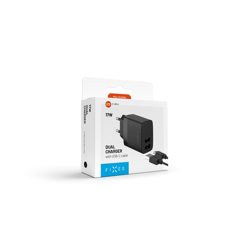 Verkkolaturi USB-C-kaapelilla Fixed, 17W, 3A, 2 x USB-A, Musta