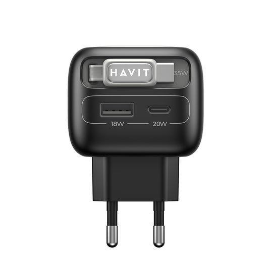 Verkkolaturi USB-C-kaapelilla HAVIT UC251, 35W, 3A, 1 x USB-A - 1 x USB-C, Musta Harmaa