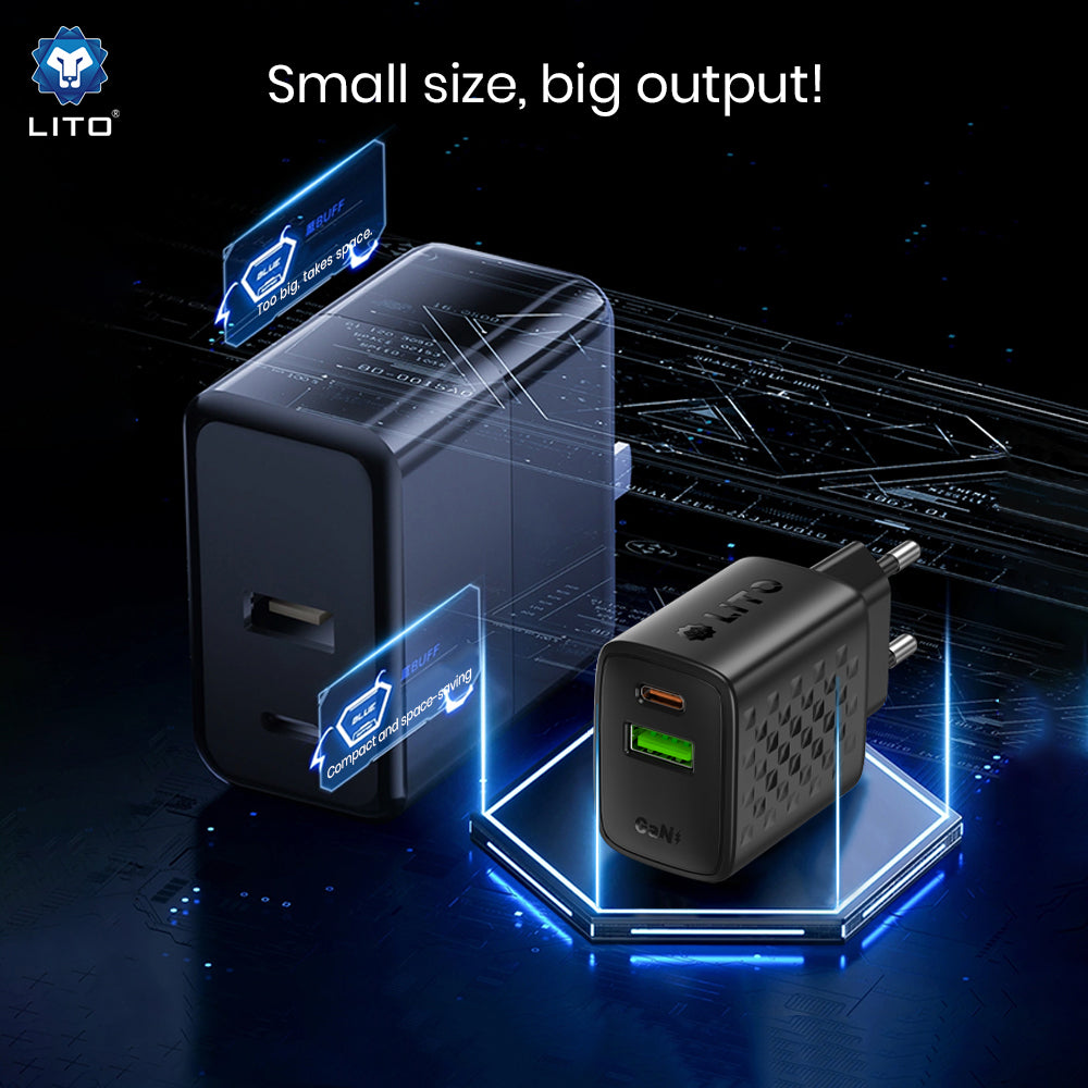 Network Charger with USB-C Cable Lito LC24T, 65W, 3.25A, 1 x USB-A - 1 x USB-C, Black