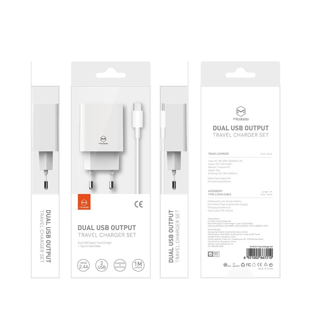 Verkkolaturi USB-C-kaapelilla McDodo CH-6721 Tarjous, 12W, 2.4A, 2 x USB-A, Valkoinen