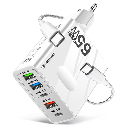 Verkkolaturi USB-C-kaapelilla Techsuit CHC1 PentaXPower, 25W, 3A, 3 x USB-A - 2 x USB-C, Valkoinen