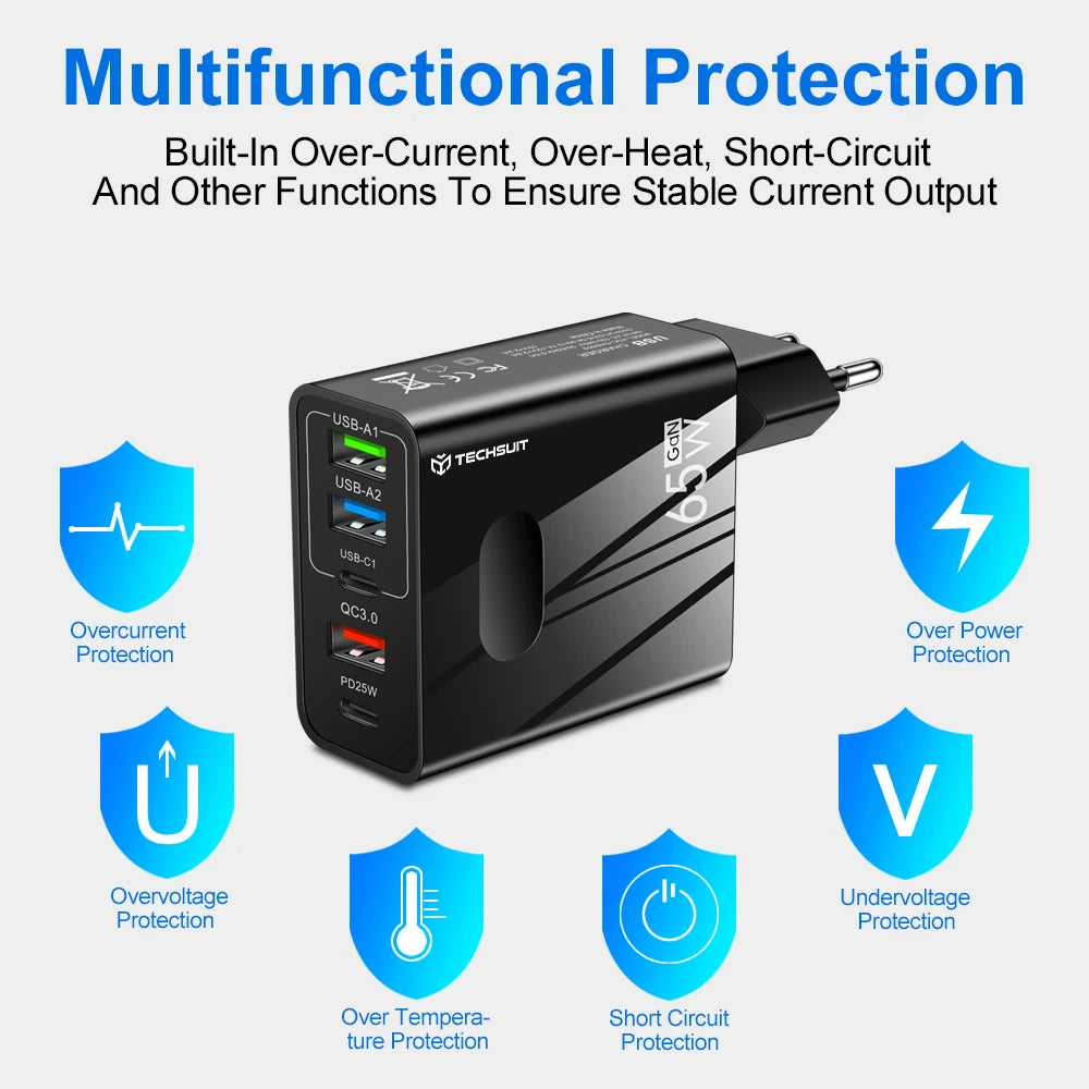 Verkkolaturi USB-C-kaapelilla Techsuit CHC1 PentaXPower, 25W, 3A, 3 x USB-A - 2 x USB-C, Valkoinen