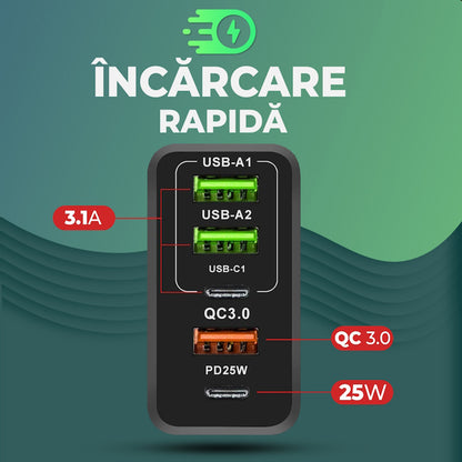 Verkkolaturi USB-C-kaapelilla Techsuit CHC1 PentaXPower, 25W, 3A, 3 x USB-A - 2 x USB-C, Musta