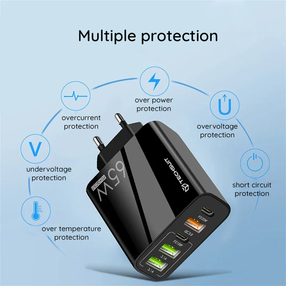 Verkkolaturi USB-C-kaapelilla Techsuit CHC2 PentaXPower, 20W, 3A, 3 x USB-A - 2 x USB-C, Valkoinen