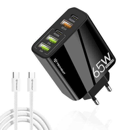 Verkkolaturi USB-C-kaapelilla Techsuit CHC2 PentaXPower, 20W, 3A, 3 x USB-A - 2 x USB-C, Musta
