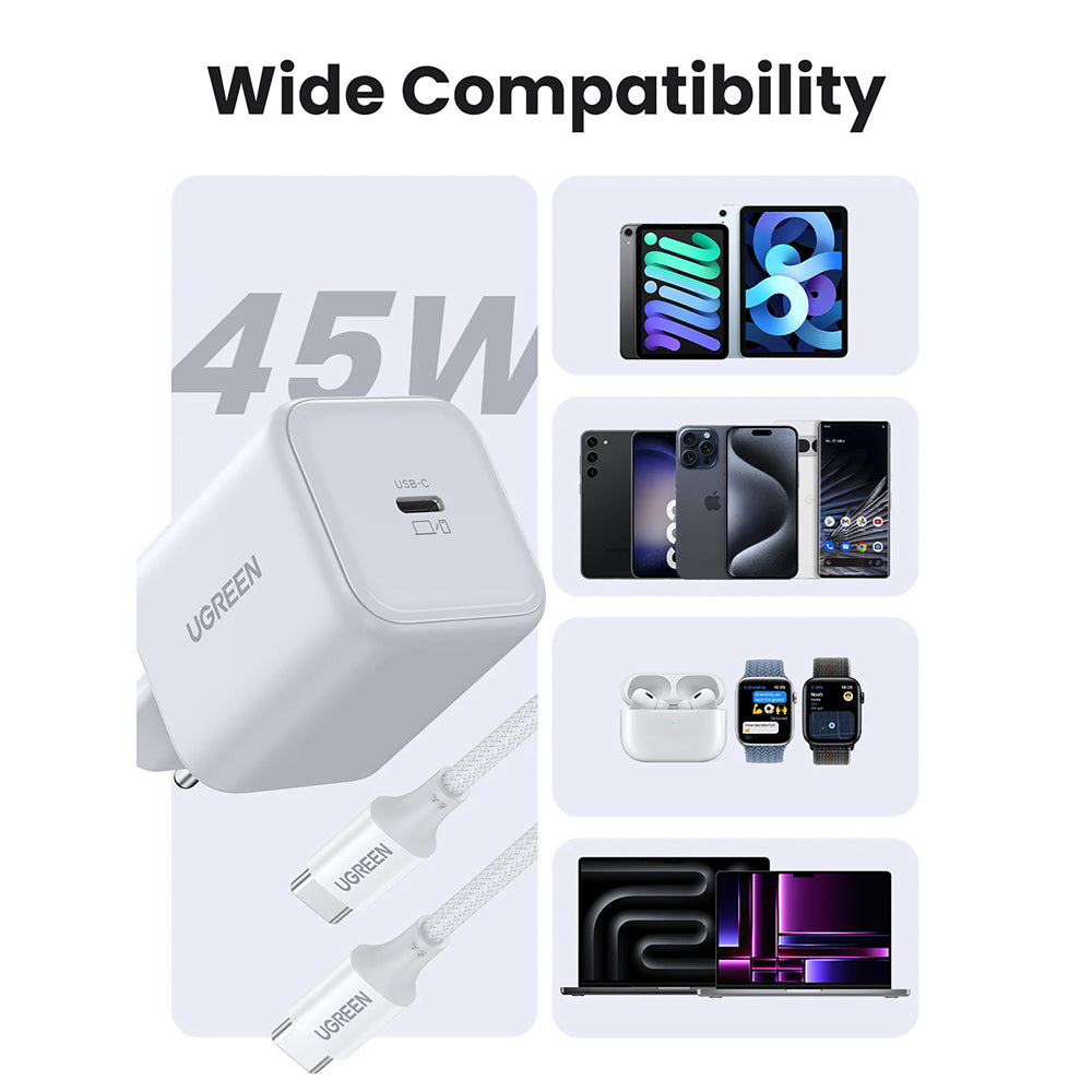 Verkkolaturi USB-C-kaapelilla UGREEN X524 (65055), 45W, 3A, 1 x USB-C, Valkoinen