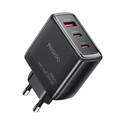 Verkkolaturi USB-C-kaapelilla Yesido YC144C, 65W, 3.25A, 1 x USB-A - 2 x USB-C, Musta