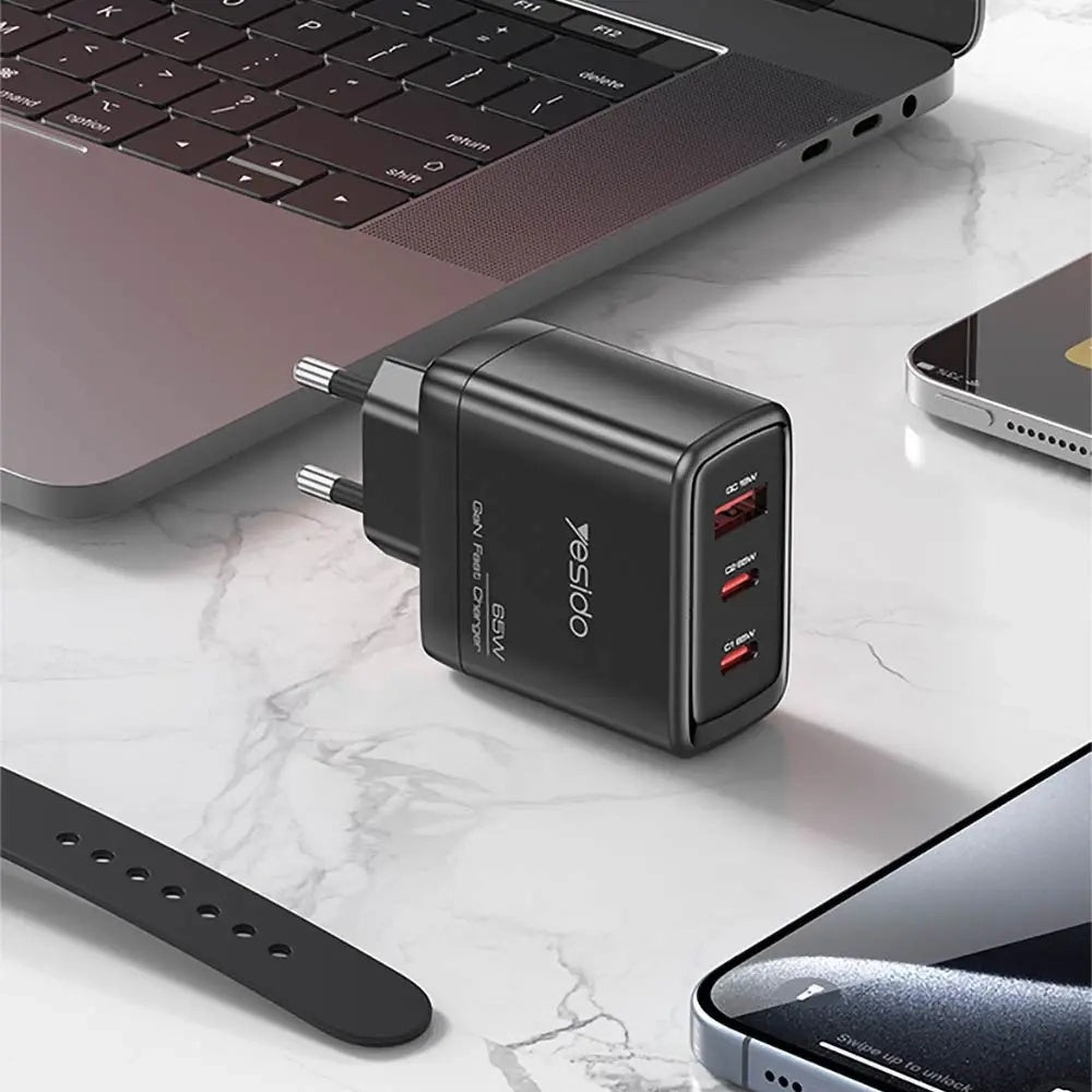 Verkkolaturi USB-C-kaapelilla Yesido YC144C, 65W, 3.25A, 1 x USB-A - 2 x USB-C, Musta