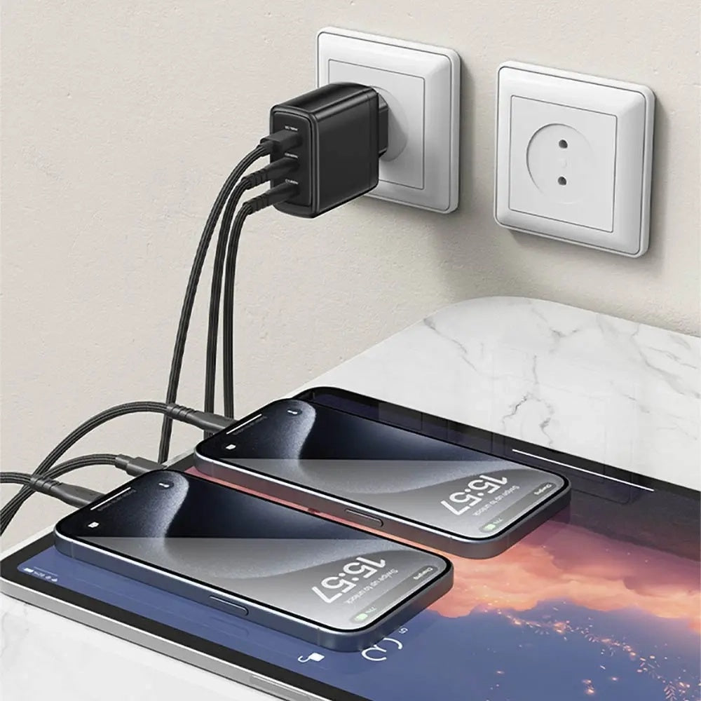 Verkkolaturi USB-C-kaapelilla Yesido YC144C, 65W, 3.25A, 1 x USB-A - 2 x USB-C, Musta