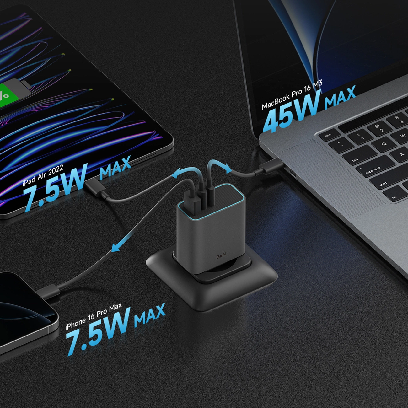 Cuktech-verkkolaturi, 65W, 3A, 1 x USB-A - 2 x USB-C, Harmaa CUKAD653EUGR