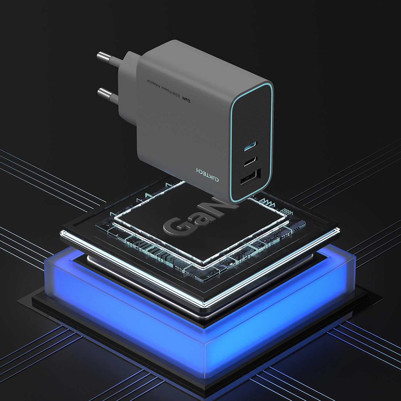 Cuktech-verkkolaturi, 65W, 3A, 1 x USB-A - 2 x USB-C, Harmaa CUKAD653EUGR