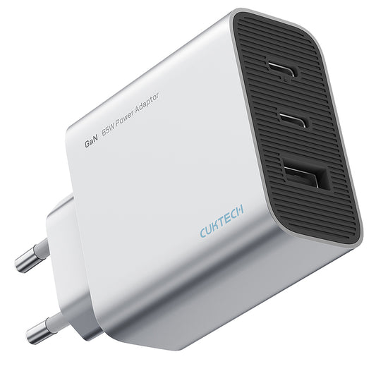 Cuktech verkkolaturi, 65W, 3,25A, 1 x USB-A - 2 x USB-C, Valkoinen CUK0A15CEUSL