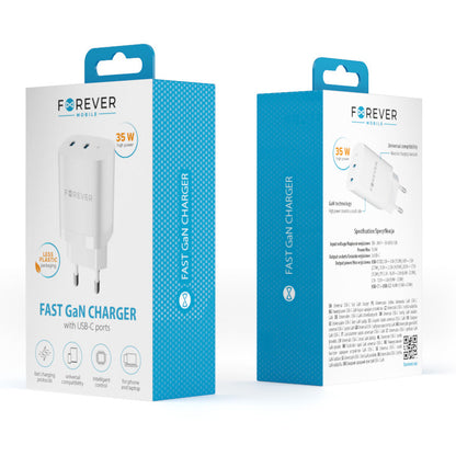 Verkkolaturi Forever TC-05-35CC, 35W, 3A, 2 x USB-C, Valkoinen