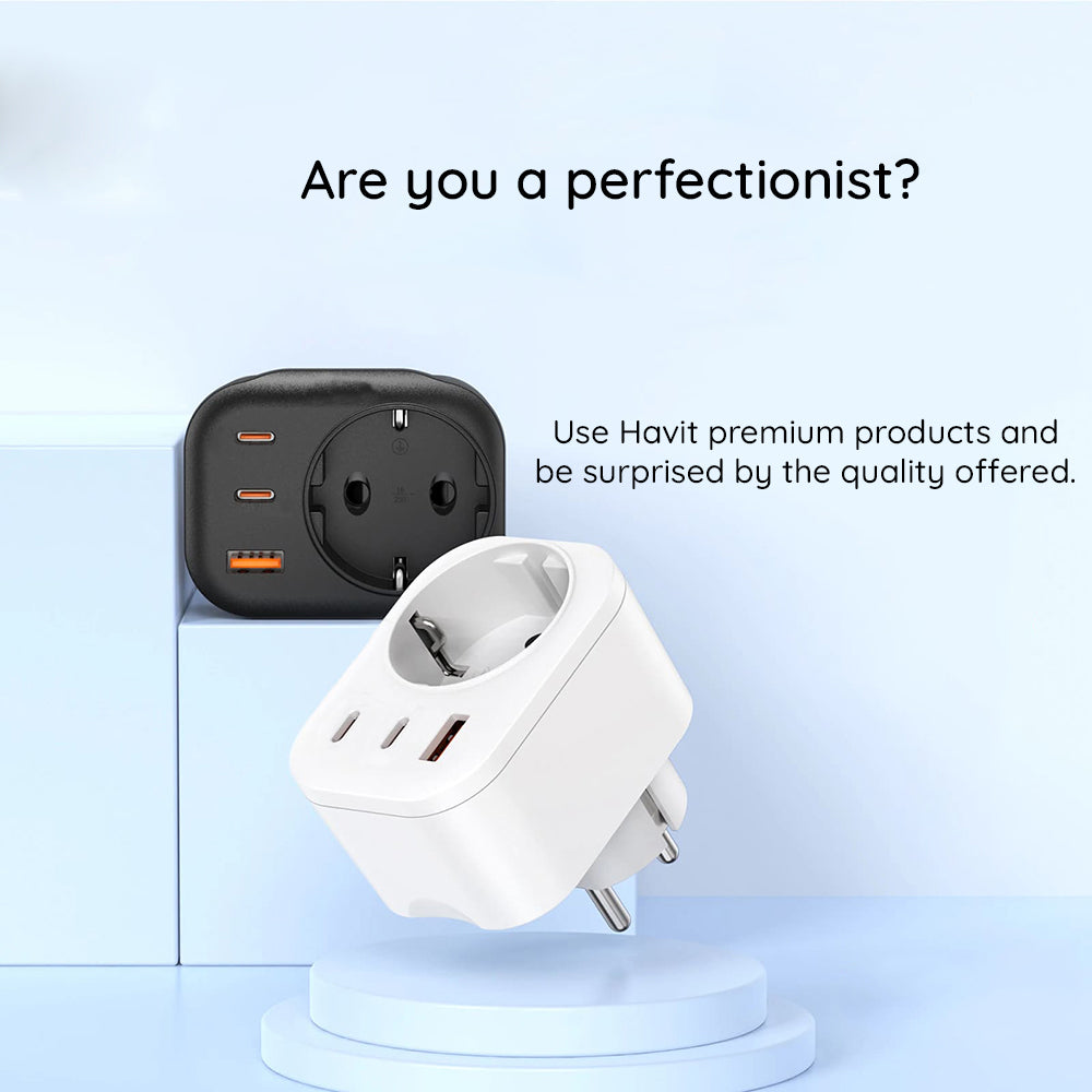 HAVIT UC142 Verkkolaturi, 30W, 3A, 1 x USB-A - 2 x USB-C - 1 x Schuko, Musta