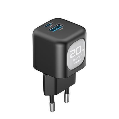 HAVIT UC220 Verkkolaturi, 20W, 3A, 1 x USB-A - 1 x USB-C, Musta Harmaa