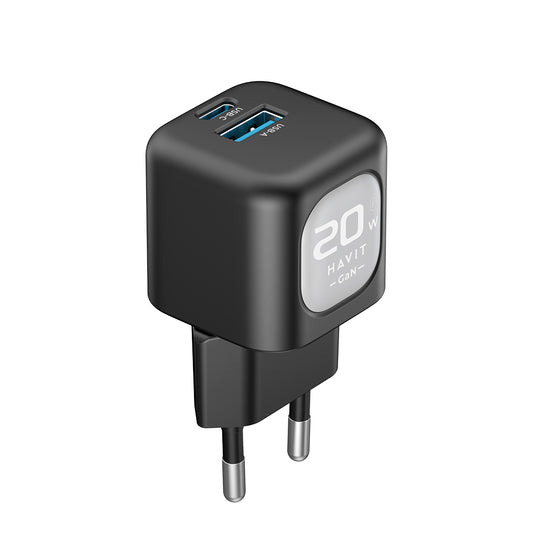 HAVIT UC220 Verkkolaturi, 20W, 3A, 1 x USB-A - 1 x USB-C, Musta Harmaa