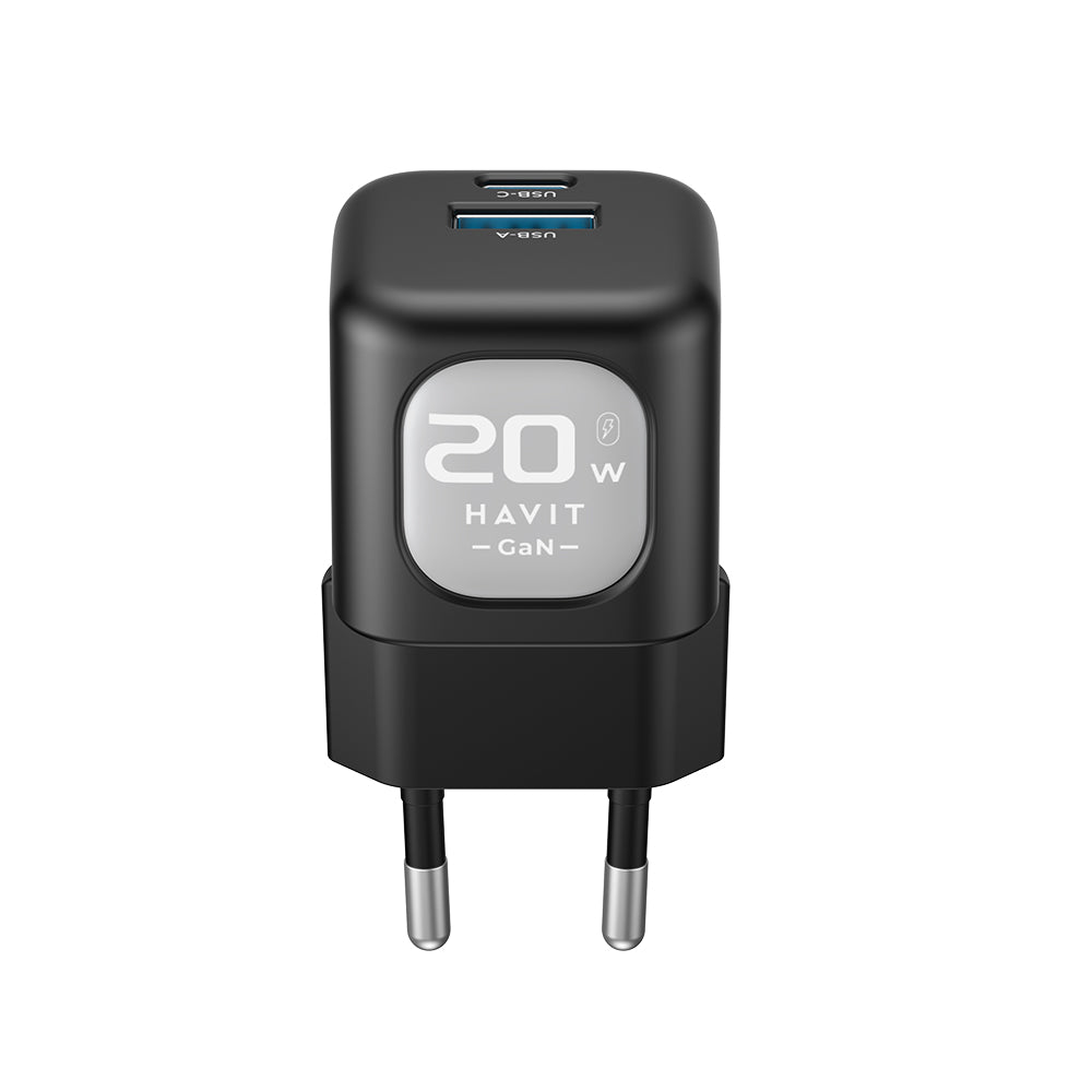 HAVIT UC220 Verkkolaturi, 20W, 3A, 1 x USB-A - 1 x USB-C, Musta Harmaa