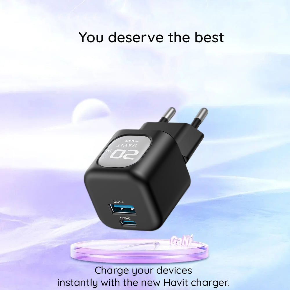 HAVIT UC220 Verkkolaturi, 20W, 3A, 1 x USB-A - 1 x USB-C, Musta Harmaa