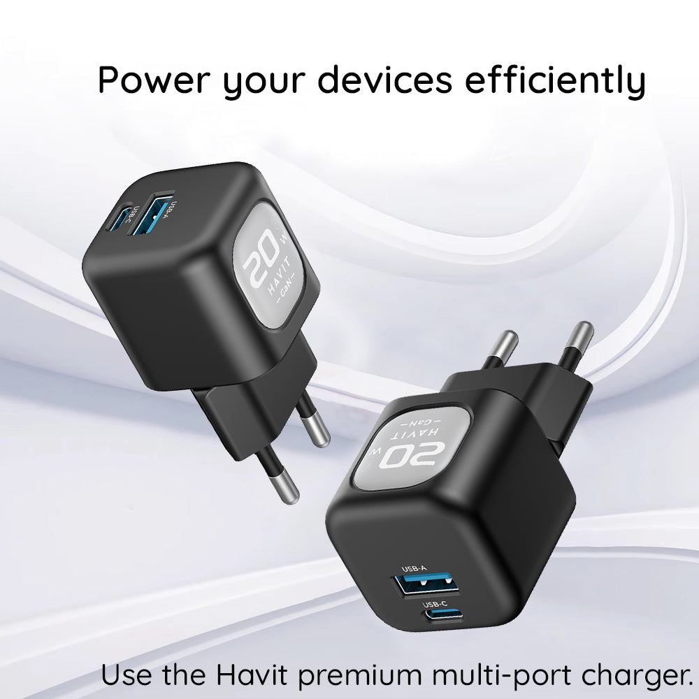 HAVIT UC220 Verkkolaturi, 20W, 3A, 1 x USB-A - 1 x USB-C, Musta Harmaa