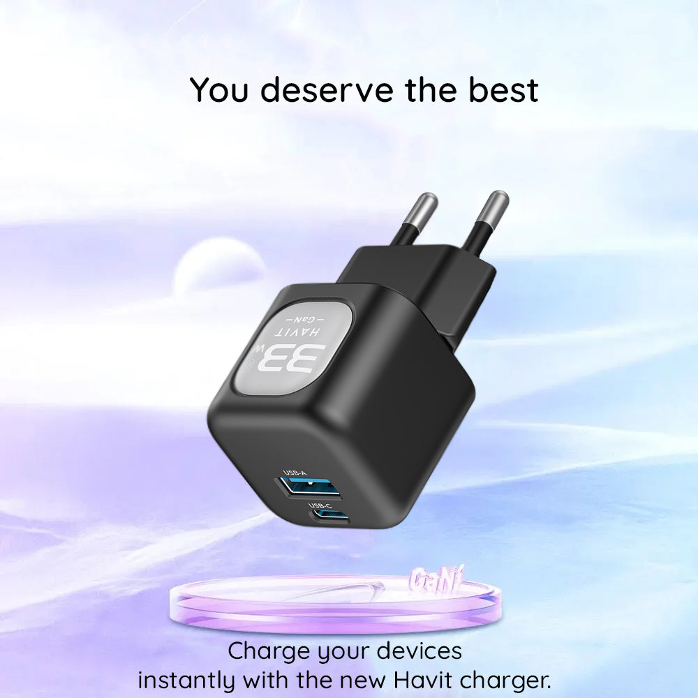 HAVIT UC230 Verkkolaturi, 33W, 3A, 1 x USB-A - 1 x USB-C, Musta Harmaa