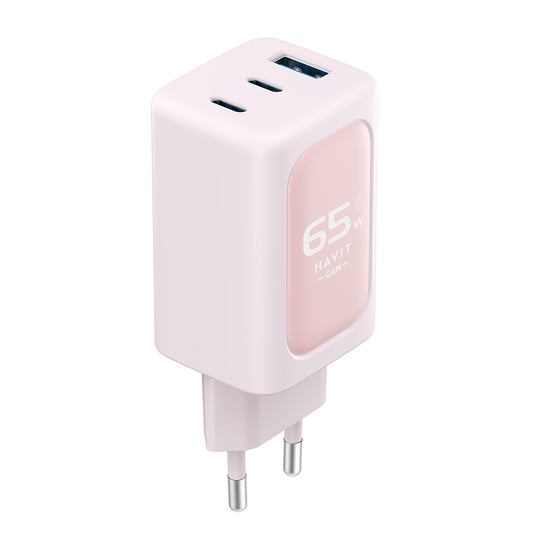 HAVIT UC260 Verkkolaturi, 65W, 3A, 1 x USB-A - 2 x USB-C, Pinkki