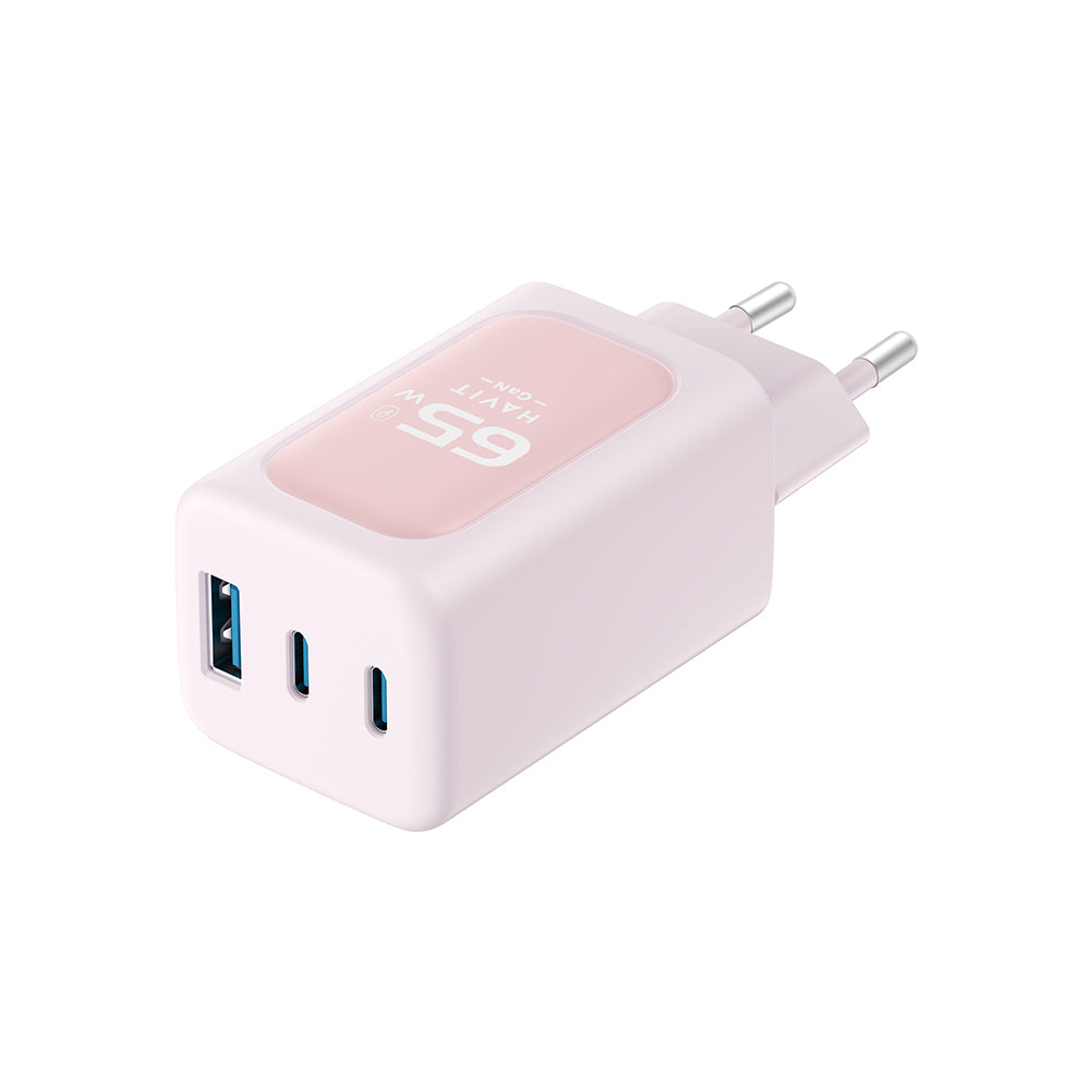 HAVIT UC260 Verkkolaturi, 65W, 3A, 1 x USB-A - 2 x USB-C, Pinkki