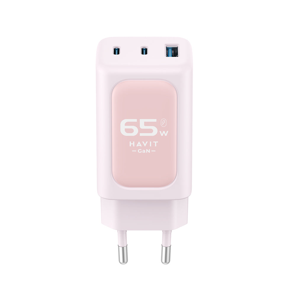 HAVIT UC260 Verkkolaturi, 65W, 3A, 1 x USB-A - 2 x USB-C, Pinkki