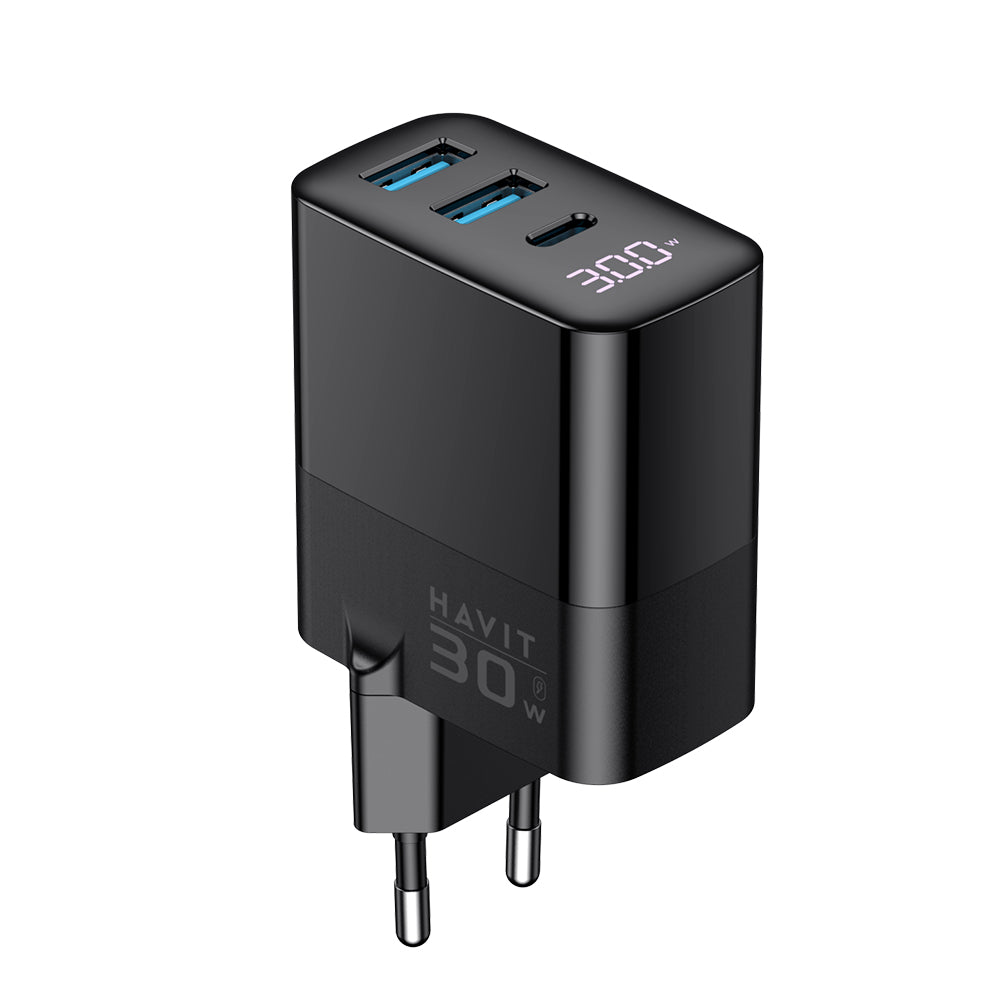 HAVIT UCLE001 Verkkolaturi, 30W, 3A, 2 x USB-A - 1 x USB-C, Musta